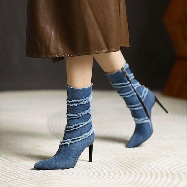 

boots super high heel women shoes denim ankle rouned toe winter autumn all match short large size 34-43, Black