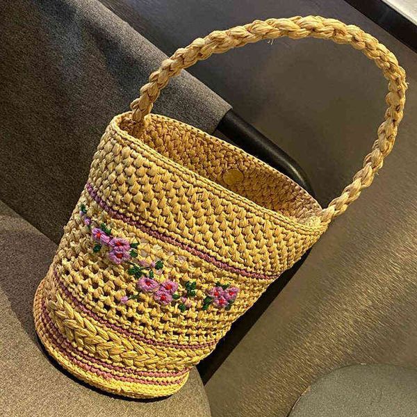 

shopping bags boho floral straw bucket for women woven embroidery rattan shoulder handbag bohemia travel beach purses clutch 220301