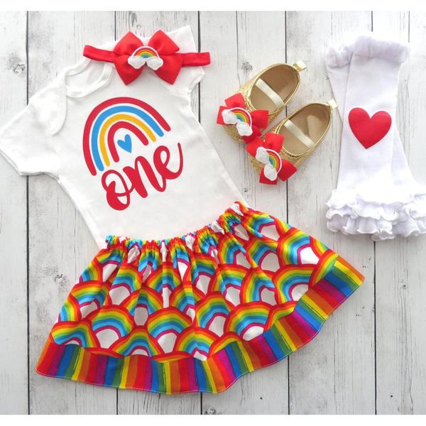 

summer dress born infant baby girls birthday letter romper+rainbow skirt outfits vogue clothes ropa clothing sets, White