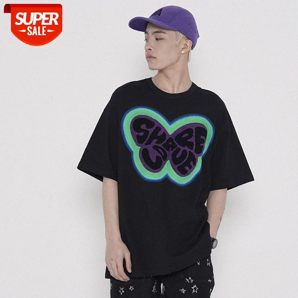 

butterfly embroidery short-sleeved t-shirt men's ins summer round neck five-point sleeve street flow loose half-sleeved #cs3c, White;black