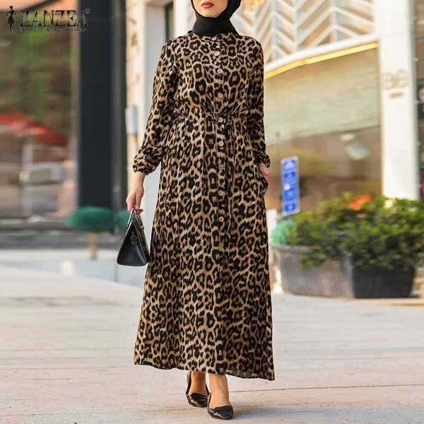 

casual dresses leopard printed dress autumn sundress zanzea women muslim dubai lapel neck long sleeve vestido femme robe 2021, Black;gray