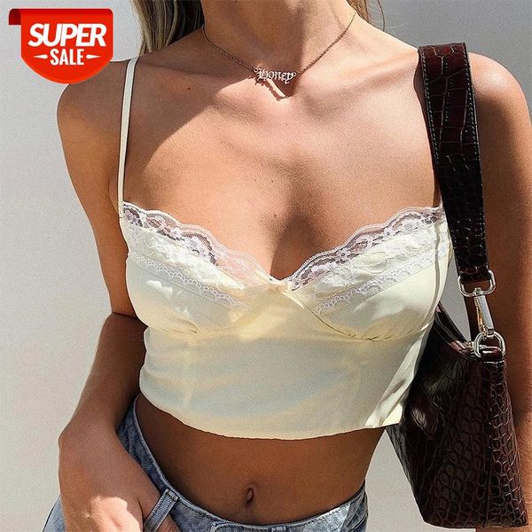 

summer lace sleeveless milkmaid backless 90s crop tee women yellow cami fashion casual streetwear #7g8u, White
