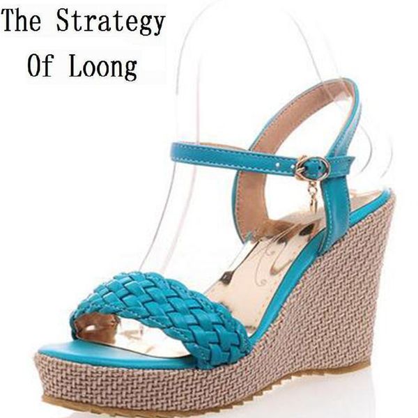 

dress shoes summer women wedges chunky heel woven ankle wrap open the toe fashion casual sandals plus size 33-43 sxq0610, Black