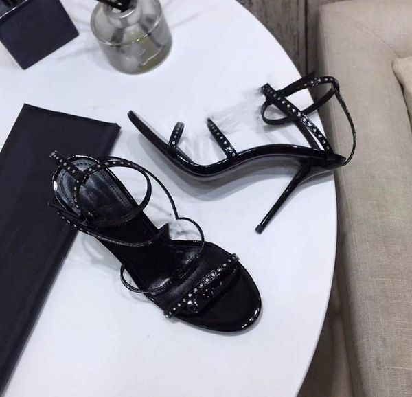 

fashion womens sandals ankle strap designer stiletto high heels real leather upper sole buckle metal letters size 35-41, Black