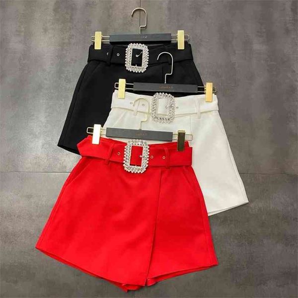 

autumn shiny belt short pants boots shorts fashion women high waist wide leg 210719, White;black