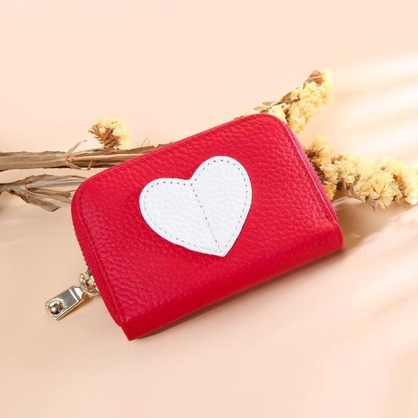 

card holders women's mini coin purse heart-shaped multi-card slot id holder cowhide short one-fold wallet, Brown;gray