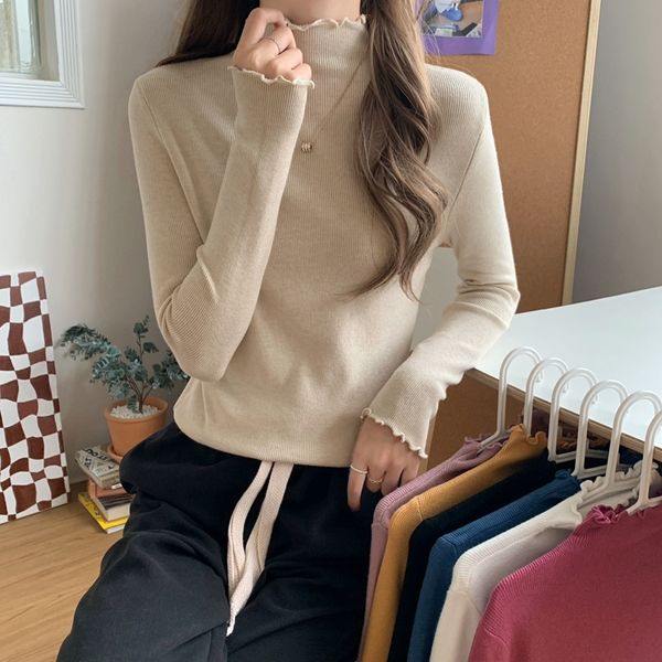 

2021 fashion autumn and winter new versatile multi-color slim fit sweater wooden ear edge semi high collar basic bottoming shirt, White;black