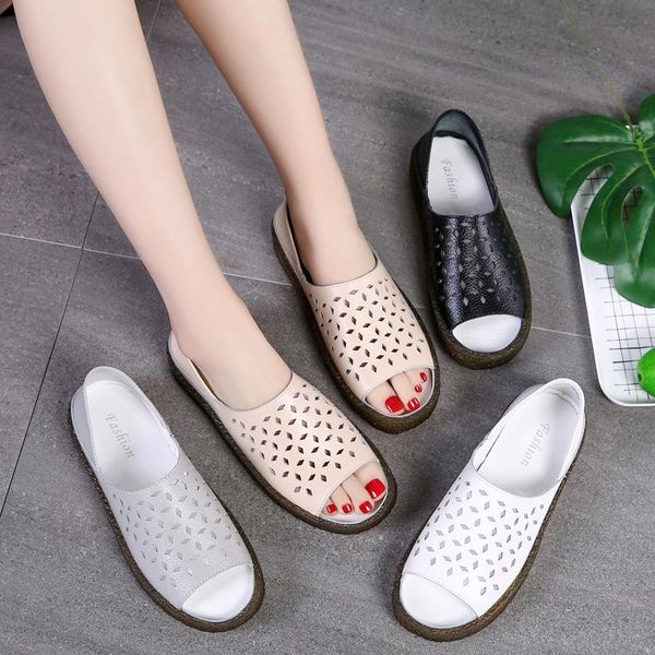 

women's sandals fashion hollow with flat heel 3.5cm fish mouth shoes for students outdoor walking, Black