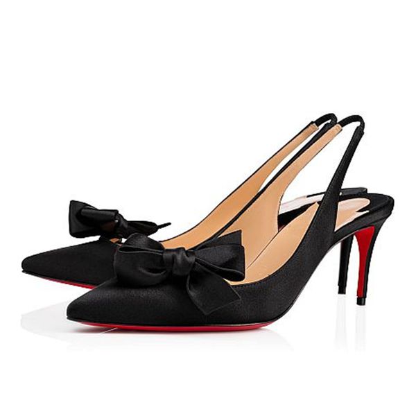 

women shoes luxury designer brand bowtie slingbacks summer sophisticated elegant high heel pointed toes red bottom yasling 70mm with box, Black
