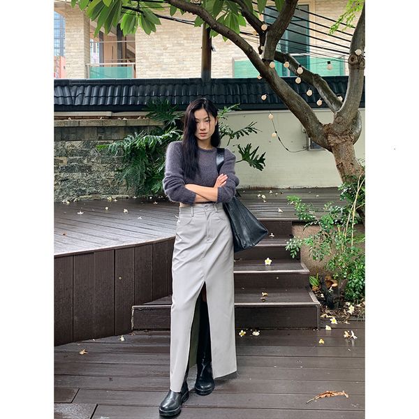 

skirts [vermo] autumn 2021 high waist irregular split leather skirt, versatile a-line wrap hip skirt v11158, Black