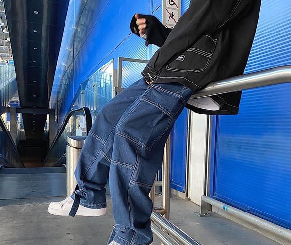 

men's jeans 2021 men wide leg denim pant loose straight baggy men's streetwear skateboard pants, Blue