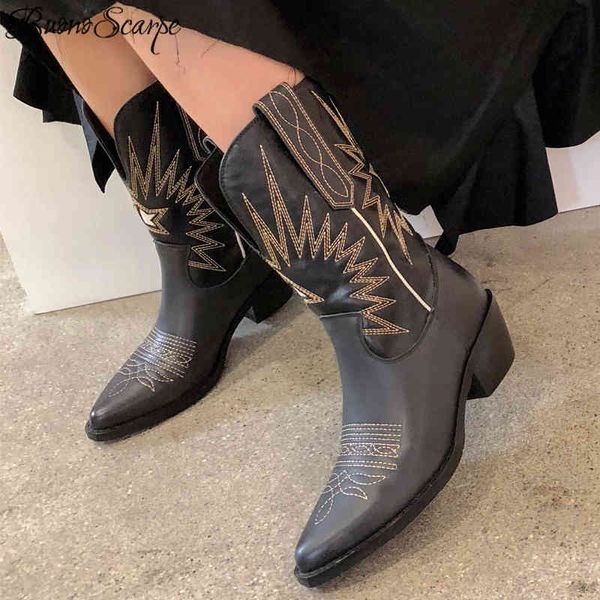 

buono scarpe embroider women boots med heels retro knight boots female genuine leather botas mujer western cowboy sale boots2019 926, Black