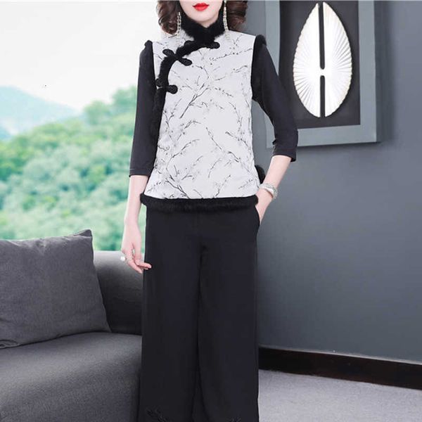 

women's vests autumn winter vest jacket of vintage jacquard women print rabbit shredded hair parka outerwear coat 64fz, Black;white