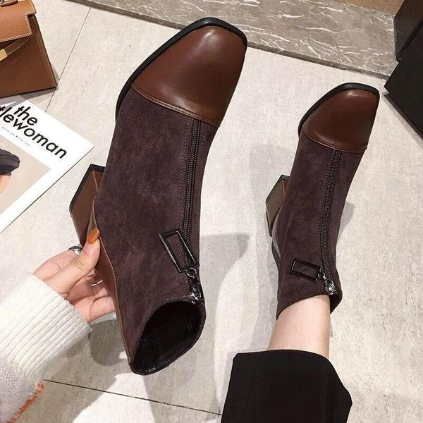 

boots women's front zipper short women 2021 autumn and winter stitching thick heel martn fashion, Black