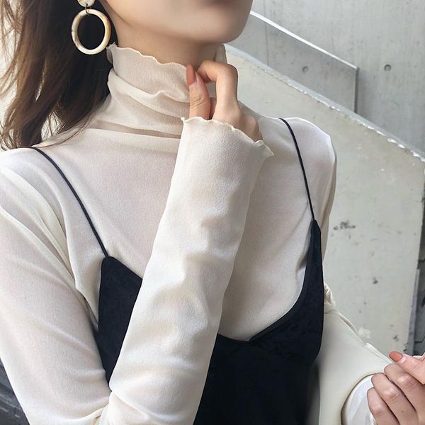

women's t-shirt korea mesh casual high collar ulzzang ins long sleeve base vogue lady solid color female college thin chic, White