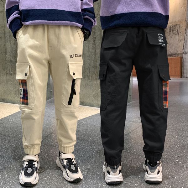 

New Solid Cotton Boys Cargo Pants Elastic Waist Mid Spring and Autumn Kids Trousers 3-15 Years Old Kids Casual Pants for Boy, Beige