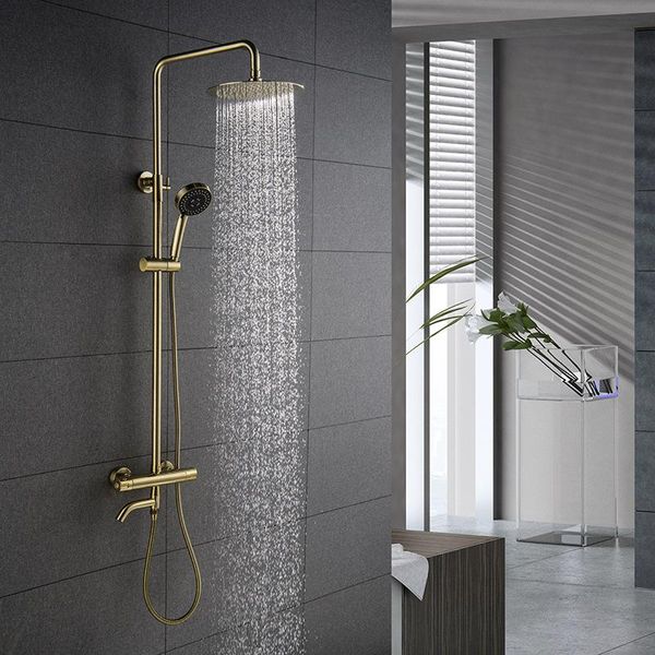 

brushed gold color bathroom thermostatic control shower faucet set wall mounted round design rain head brass material sets