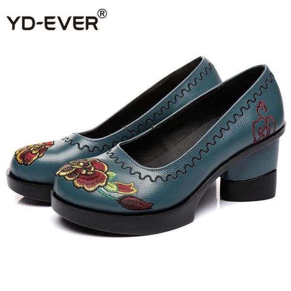 

dress shoes spring women pumps retro embroider lady 7.5cm high heels slip on platform handmade genuine leather, Black
