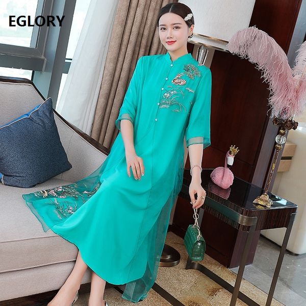 

dresses 100%silk spring summer vintage party women cute animal floral embroidery 3/4 sleeve mid-calf whte green, Black