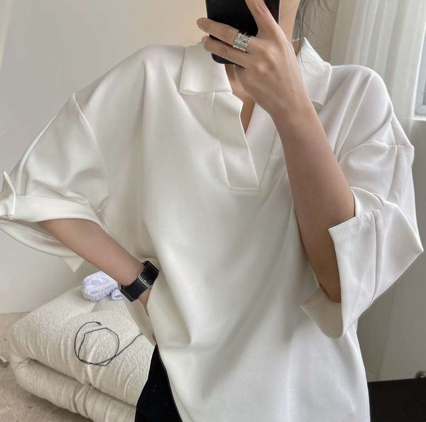 

summer designer style v-neck profile air layer solid color lapel t shirt loose and thin blouse women, White