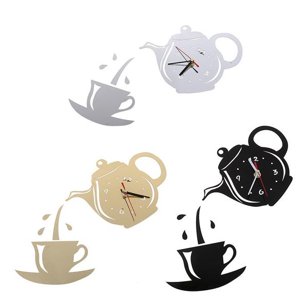 

wall clock stickers acrylic coffee cup teapot self adhesive mirror diy kitchen home living room decorative clocks