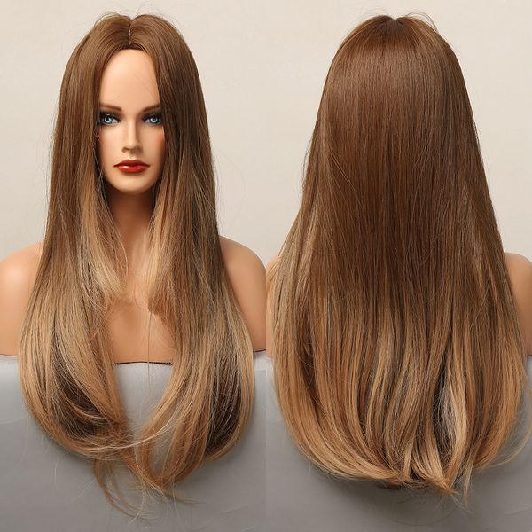 

ombre dark brown light brown synthetic wigs middle part long straight wigs for women afro cosplay daily heat resistant fiber, Black