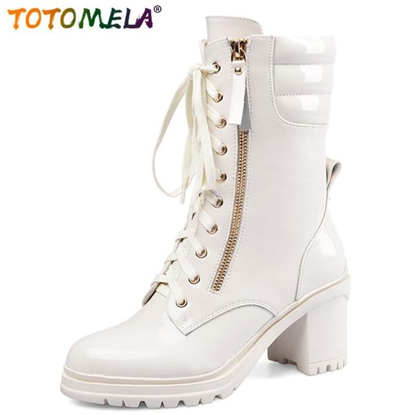 

boots totomela 2021 patent leather vintage ankle women lace up zipper autumn winter high heel platform shoes, Black