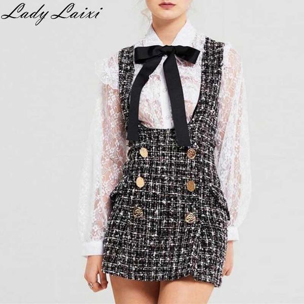 

autumn winter 2 piece set dress women ruffles bow shirt lace plaid sleeveless tweed vest double breasted overalls 210529, White