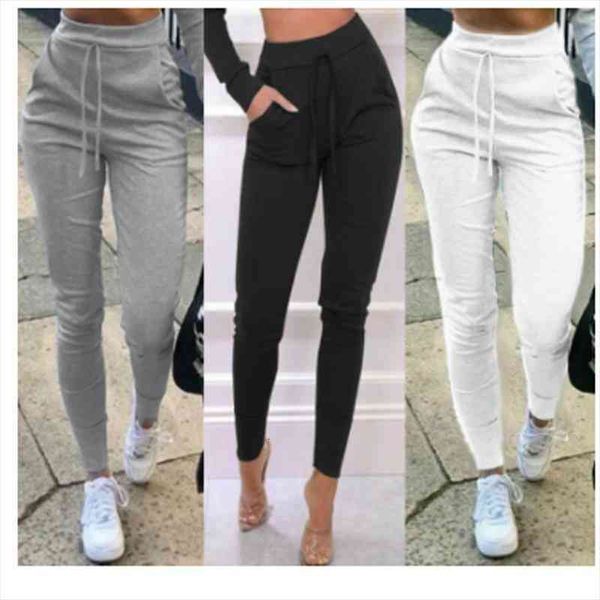 

women pencil pants casual slim solid elastic high waist lace-up sweatpants for ladies jogging sports gym fitness trousers, Black;white