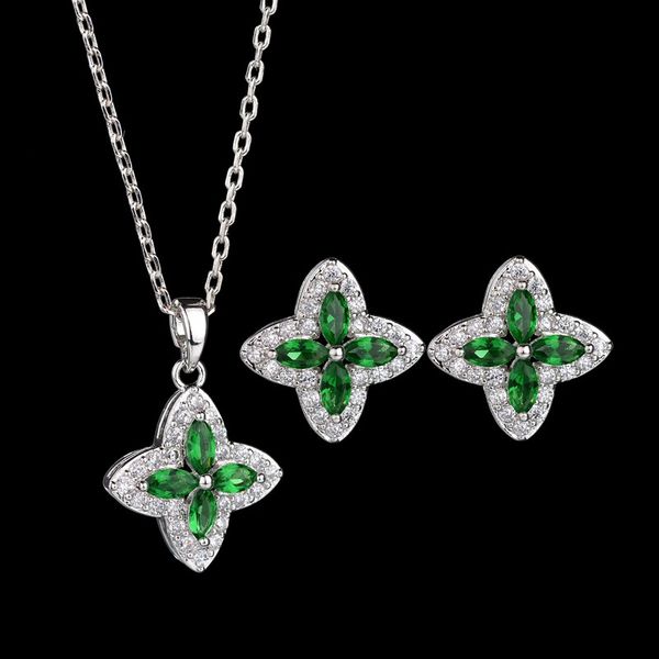 

four-leaf clover copper zircon inlaid earrings necklace set jewelry for women&girls, Silver