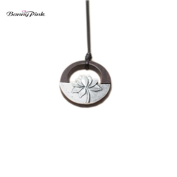 

pendant necklaces banny pink ethnic zen alloy lotus necklace for women vintage round ebony wooden fashion jewelry colliers colar, Silver