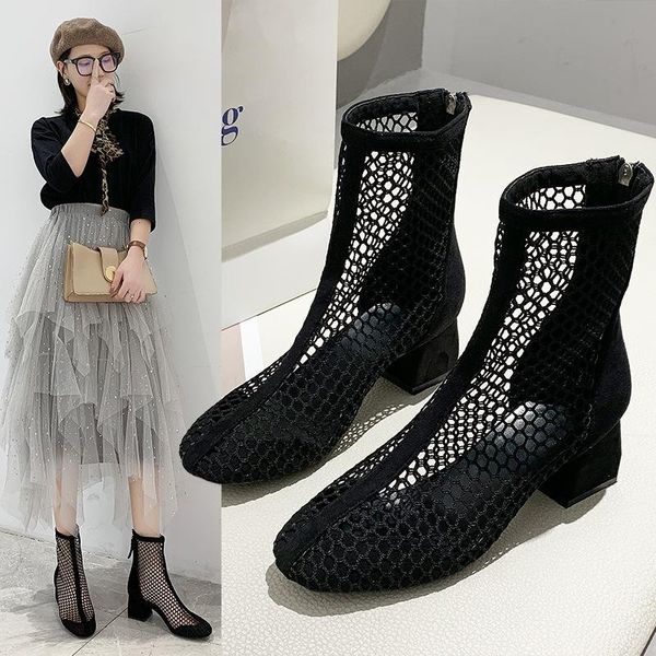 

dress shoes 2021 spring summer women's hollow mesh boots roman sandals thick heel breathable short zapatillas mujer, Black
