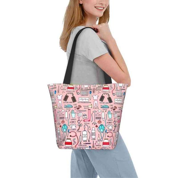 Alışveriş torbaları Sevimli Karikatür Hemşire Desen Kadın Büyük Shopper Tote Katlanabilir Eko Kadın Seyahat Çanta Yüksek Kalite Omuz 220301