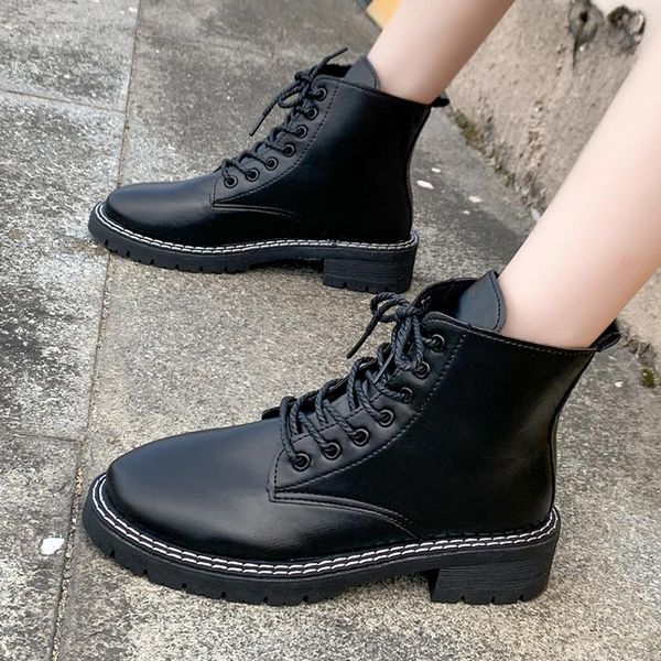 

boots 2021 spring autumn fashion motorcycle platform ankle women round toe lace up shoes for woman casual short, Black