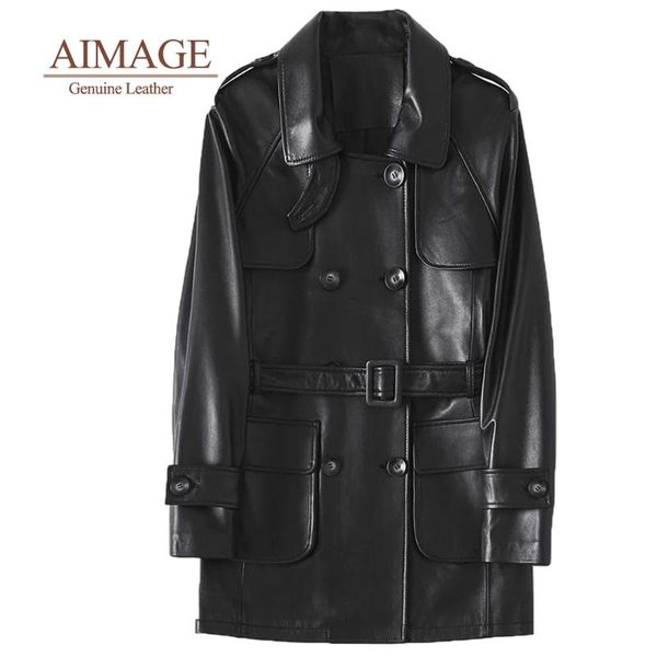 

women's leather & faux women genuine jacket double button fantastic turn collar thin windbreaker slim lady sashes street clothes py014, Black