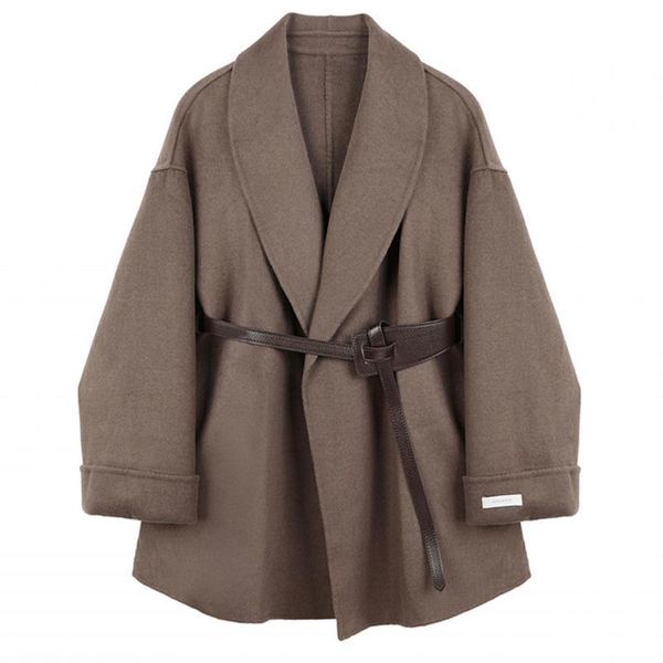 

women's wool & blends inproda women coat bandage vintage coffee woolen casual plus size woman coats autumn winter 2021, Black