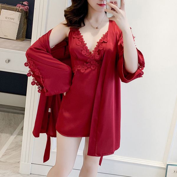 

sleepwear lace women sleepwear pyjama faux silk 2 piece pajamas set stain summer spring sling nightgown robe night yv07 6cni, Black;red