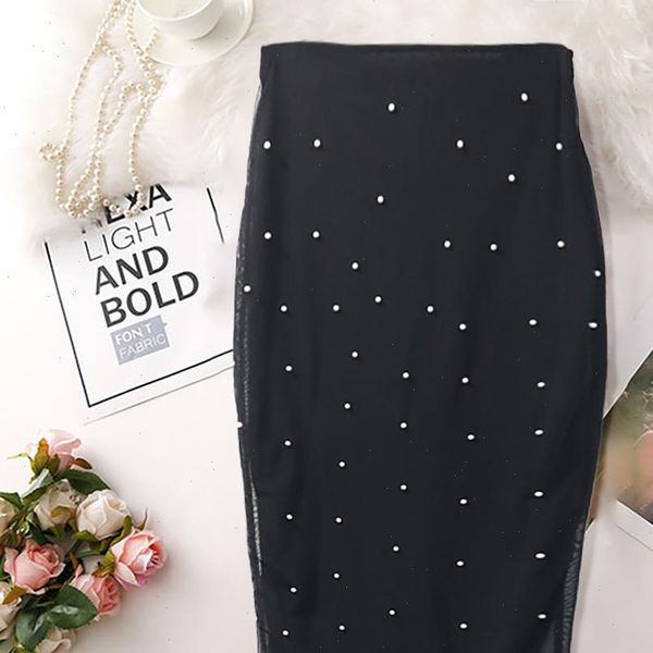 

womens skirt plus size black pencil long tulle soft stretch bodycon jupe with beaded slit vintage office ladies saias summer