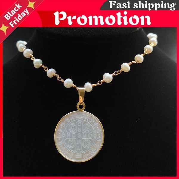 

chains promotion 21mm natural freshwater pearl cross & san benito mother necklace for women gift, Silver