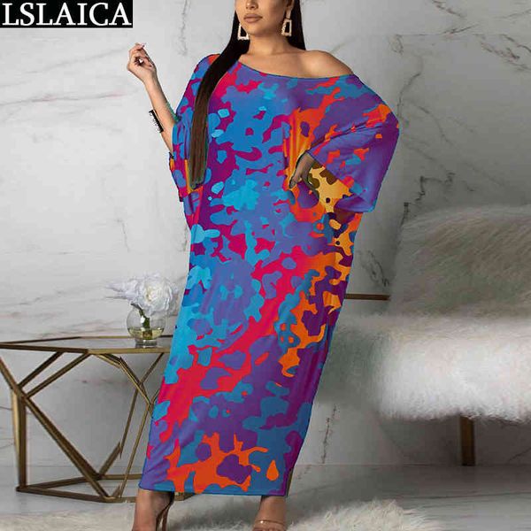 

woman dress summer camouflage print batwing sleeve o neck oversize female maxi casual plus size fashion vestidos 210520, Black;gray