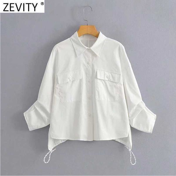 

zevity women fashion double pockets patch white smock blouse female casual loose kimono shirts chic blusas ls7681 210603