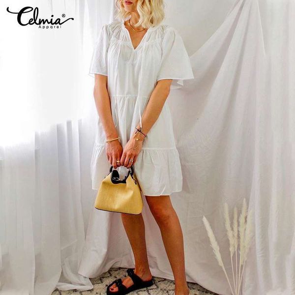 

dresses women 2021 loose fashion dress celmia summer elegant short sleeve lace-up solid mini vestidos casual patchwork pleated sundress, Black;gray