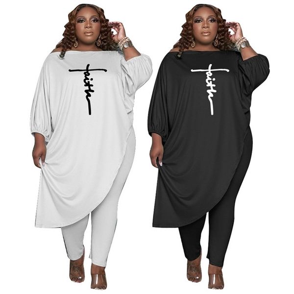 

plus size women clothing loose solid color slanted shoulder embroidery x-long autumn two piece sets wholesale drop 211029, Black