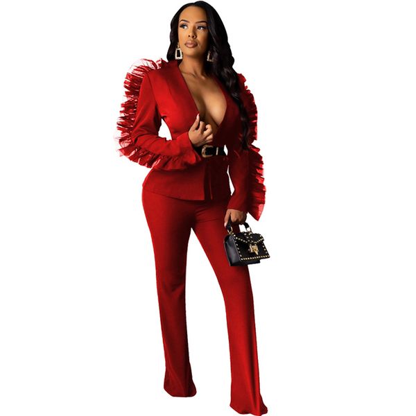 

ruffle 2 piece pants sets women matching outfits blazer long pants set autumn elegant party club red two piece set suit, Black;white