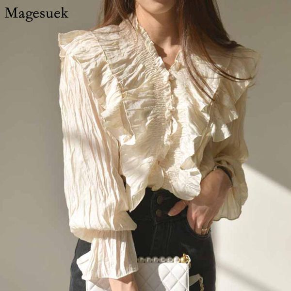 

autumn puffed sleeve women shirts korean ruffles v-neck cardigan womens blouses solid pleated casual 10573 women's &, White