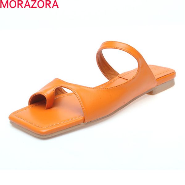 

morazora summer genuine leather women slippers comfortable flat heel square toe casual shoes fashion ladies mules shoes 210506, Black