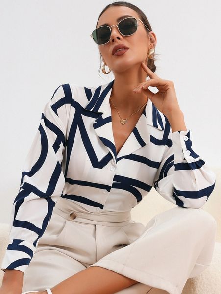 

geo print lapel collar button front blouse a2qu#, White