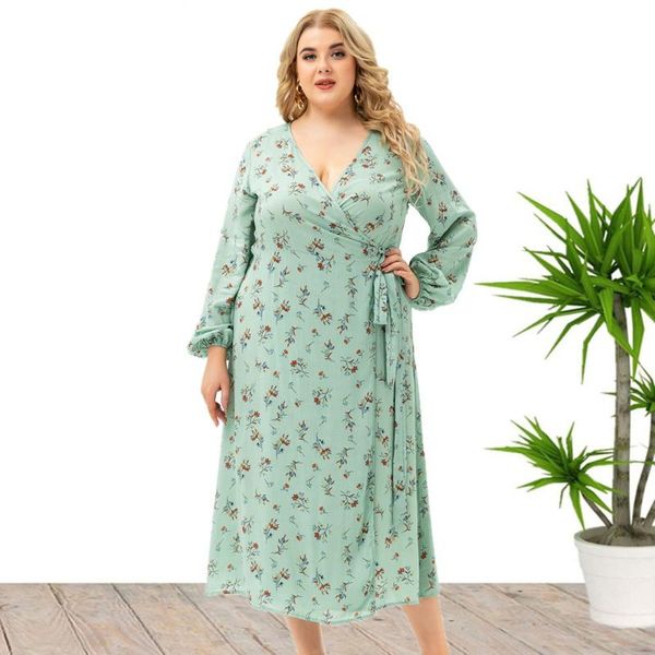 

plus size dresses women's long sleeve lace-up split floral dress 2021 autumn 3xl 4xl 5xl casual party wear loose robes, Black
