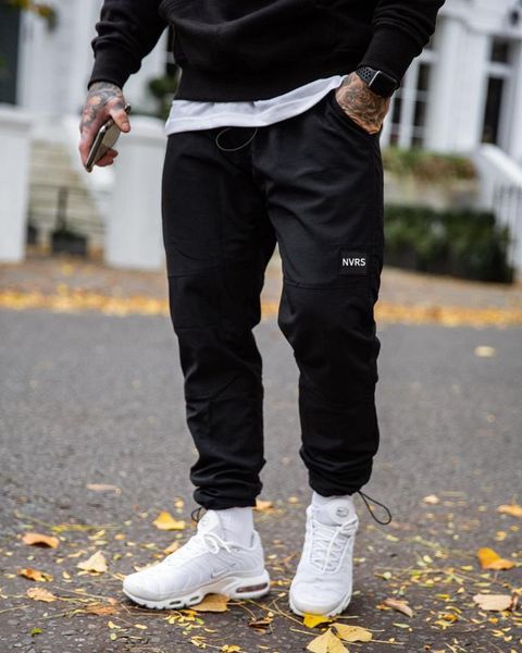 

men's pants ankle banded men solid elastic waist streetwear joggers 2021 baggy drop-crotch casual trousers drop, Black
