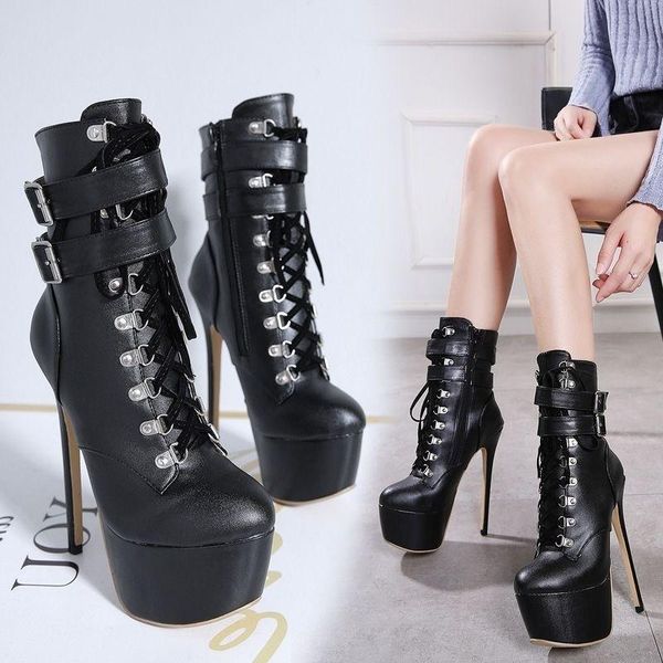 Botas 2021 Personalizado Lace Up Buckle 16 cm Super High Heaver Fina Plataforma À Prova D 'Água Round Head Femininas